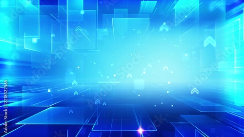 Abstract Blue Technology Background with Glowing Arrows and Transparent Geometric Panels