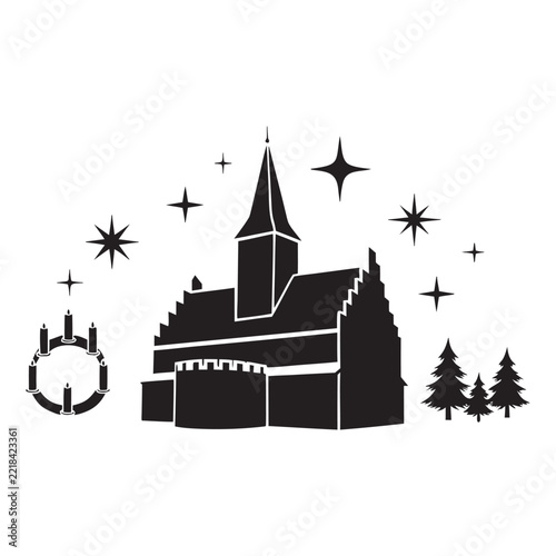 European Advent Church with Wreath and Candles Silhouette Vector