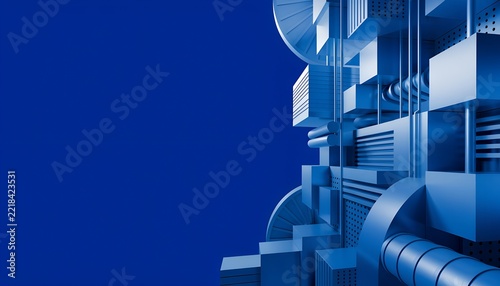 Abstract Futuristic Blue Industrial Machine Structure with Geometric Cubes and Dark Blue Background