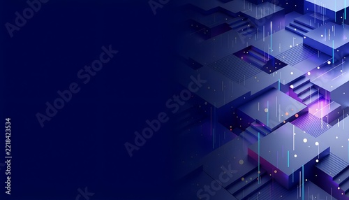 Abstract Isometric Futuristic Microchip City with Glowing Neon Light Particles and Dark Blue Background