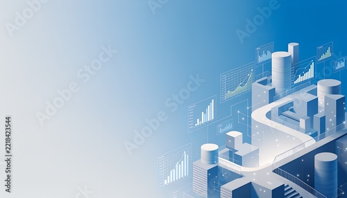 Isometric Smart City with Financial Growth Data Dashboards and Curved Highway on Blue Background