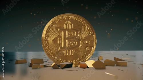 Shiny Golden Bitcoin Coin Standing Among Broken Gold Fragments and Particles
