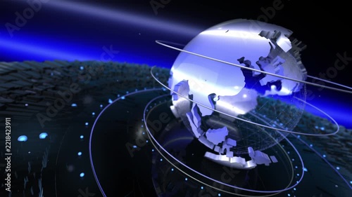 Shiny Blue Glass Globe Surrounded by Orbiting Rings in Dark Space