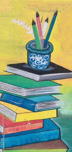 Colorful stack of books with pencils in decorative cup illustration