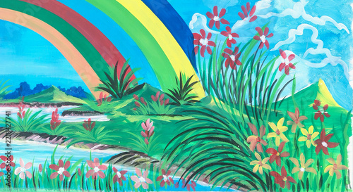Colorful flowers with rainbow in a lush garden setting