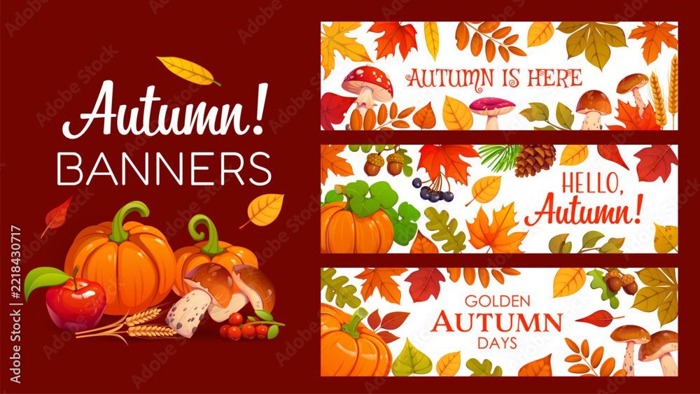 Fototapeta premium Autumn banners with pumpkins, wicker cornucopia, woven basket, apples and pears, grapes, corn cob, wheat stalks, berries, acorn and fall tree leaves. Vector festive Thanksgiving seasonal harvest cards