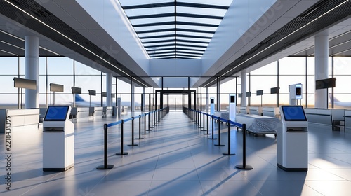 Modern airport interior with rows of check-in counters and digital screens. The spacious hall features large windows letting in natural light and a clear pathway leading to the entrance.