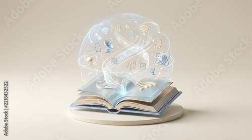 Conceptual 3D illustration of a transparent glass human brain floating above an open book, symbolizing knowledge, intelligence, and education
