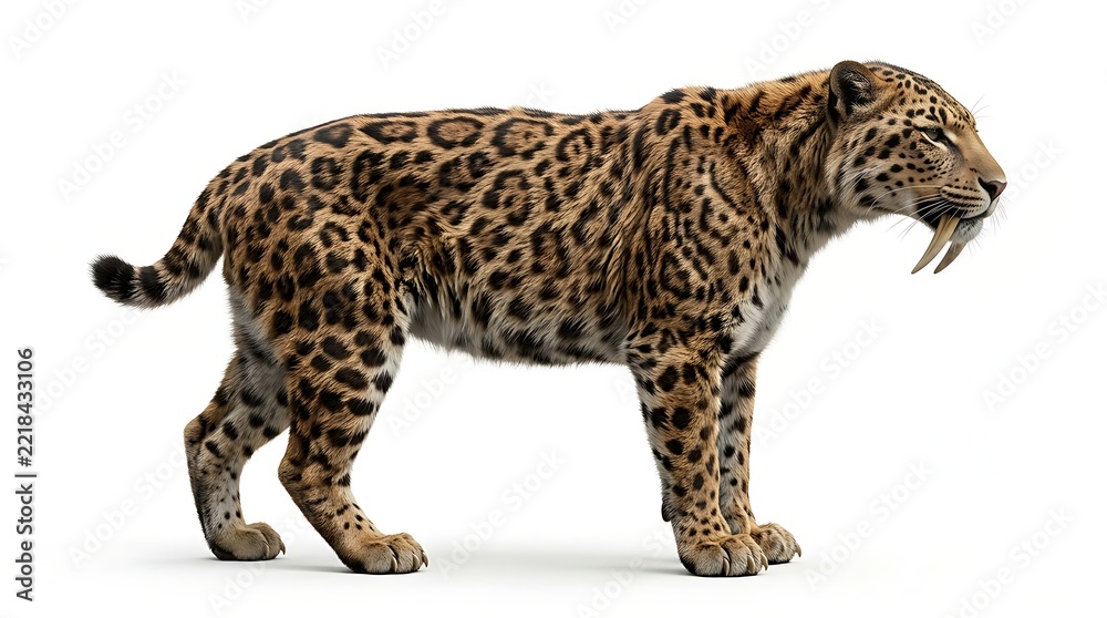 Fototapeta premium A detailed full-body side view of a prehistoric saber-toothed tiger with spotted fur, standing on a clean white background.