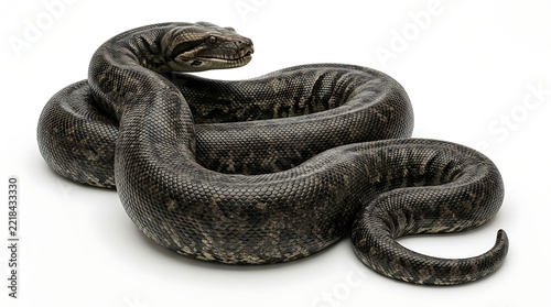 A dark, coiled snake with textured scales resting on a plain white background.