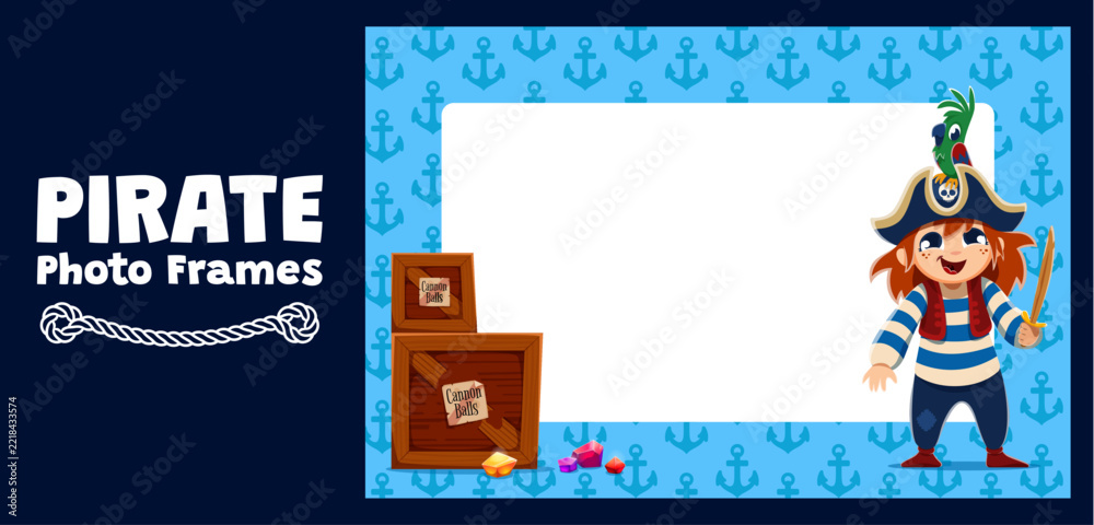 Fototapeta premium Kids photo frame with funny pirate girl captain. Nautical border design featuring wooden treasure crates, colorful gems and green parrot. Pirate photo frame for birthday photo borders and invitations