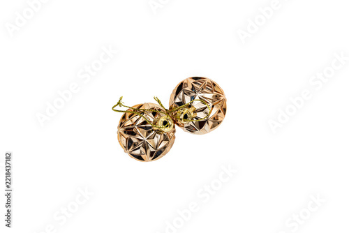 Two gold faceted Christmas ornaments hanging isolated on transparent PNG