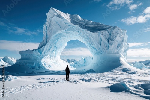 Lone man stands before massive blue iceberg with natural arch in arctic landscape. Adventurer explores giant ice formation under bright blue sky. Cold winter scenery shows huge glacier scale, remote