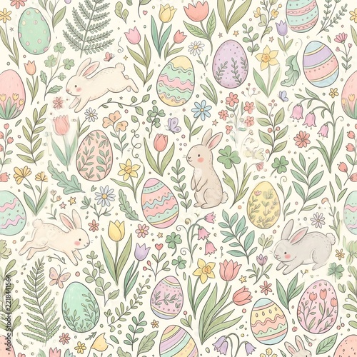 Cute Easter Eggs and Spring Flowers Seamless Pattern