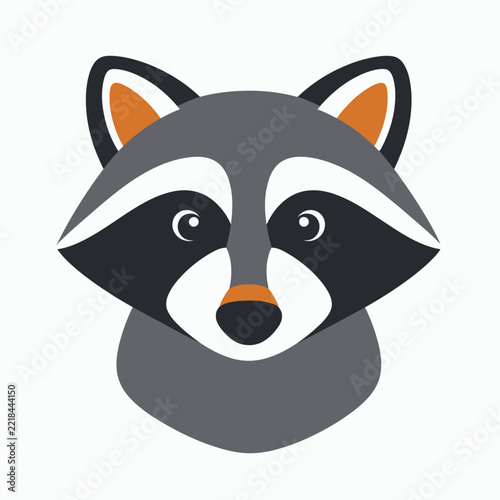 Stylized flat design illustration of a raccoon's head with grey fur, black mask, and orange accents, facing forward.