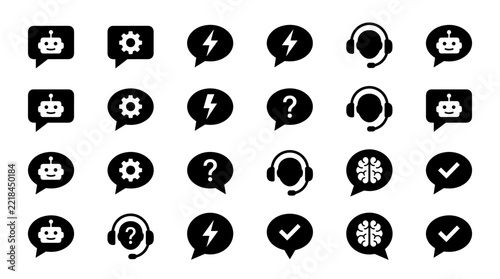 Chatbot icons set with speech bubbles and technology symbols