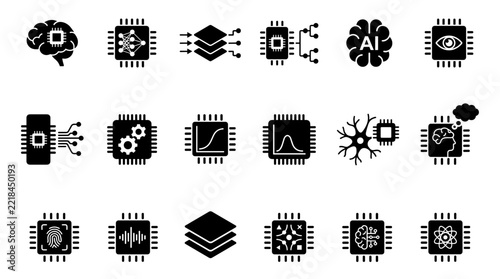 Artificial Intelligence Icons Set Neural Network Brain Chip Technology Concepts