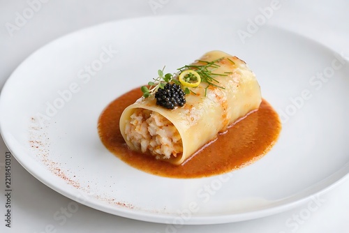 Langoustine Cannelloni with lobster bisque sauce and caviar