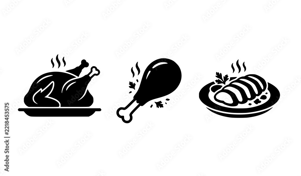 Fototapeta premium Roast Chicken Black Silhouette Food Vector Icon