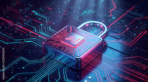 A digital padlock with an AI icon integrated into a futuristic glowing circuit board, representing cybersecurity, data privacy, and artificial intelligence safety.