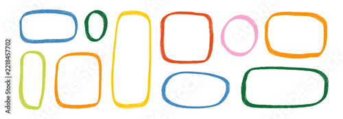 Hand drawn crayon line text box frame set. Colored brush stroke doodle border collection. Rough texture outline rectangle or square shapes. Vector pastel chalk sketch bubbles for sticker, patch, label