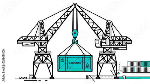 Global Logistics and Shipping Container Port Illustration. Industrial Cranes Loading Freight onto Ship for International Trade.