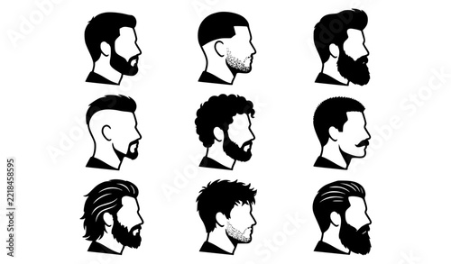 Male Hairstyle and Beard Profile Silhouette Icons Collection
