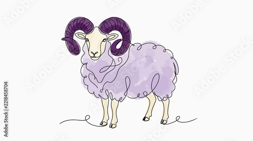 Modern Purple Ram One Line Art Illustration. Hand-drawn Continuous Line with Watercolor Texture and Curly Horns.