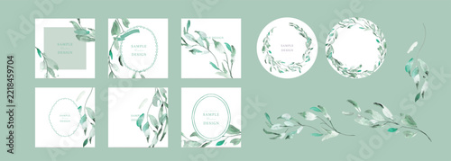 水彩の植物と葉のフレーム・SALE・キャンペーン用バナー素材セットWatercolor Botanical Leaves Frame and Sale Banner Design Set