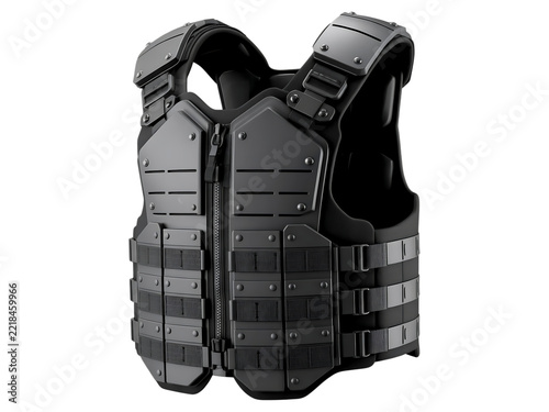 tactical body armor vest, futuristic black tactical vest plate carrier, military police safety combat gear isolated on Transparent Background