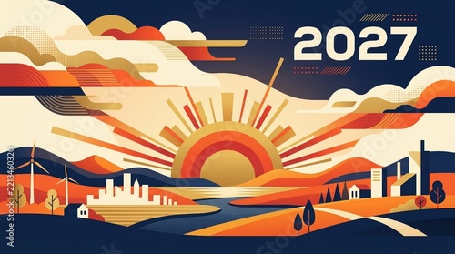 Pixel Art New Year Celebration With Sunrise Over A Sustainable City Landscape