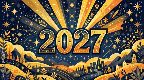 Pixel Art New Year Celebration Poster With Golden Sunburst Rays Over A Landscape