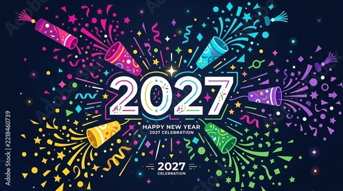 Colorful New Year Celebration Concept With Party Poppers And Confetti On Dark Background