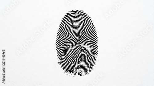 Close up of a detailed black fingerprint with a spiral pattern on a clean white background identity concept