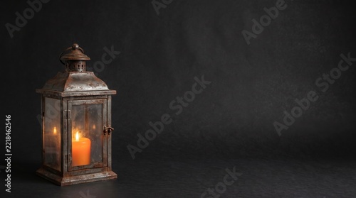 Vintage Decorative Halloween Lantern with Glowing Orange Candle on Dark Gray Background for Spooky Holiday Atmosphere