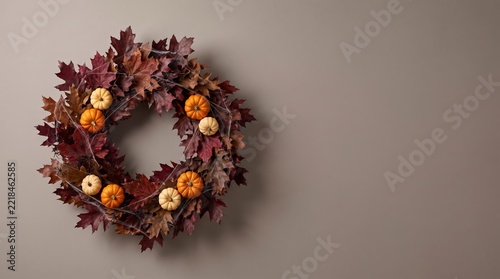 Autumn decorative wreath made of dark red and purple leaves and small mini pumpkins on gray background