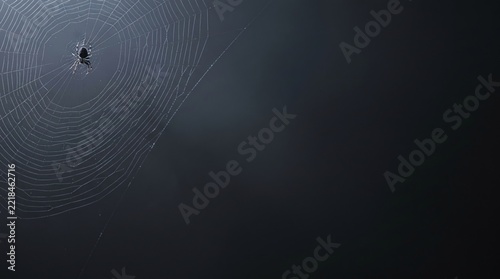 Spider on Web in the Corner of Dark Foggy Background for Halloween