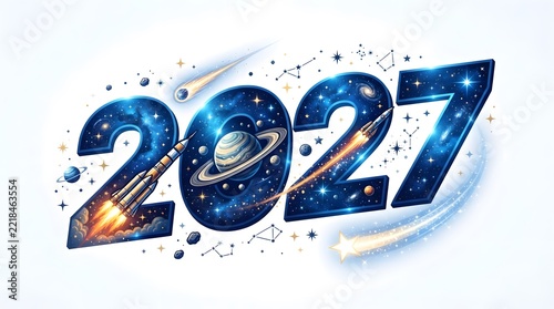 The year 2027 depicted with a cosmic space theme and vibrant galaxy effects