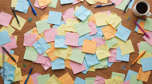 Colorful sticky notes arranged in cloud shape on wooden desk with coffee and pens, brainstorming and cloud storage concept