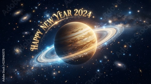 Planet earth with festive new year celebration lights and sparkling cosmic dust background