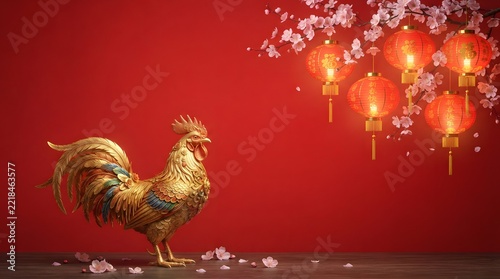Golden rooster and festive lanterns celebrate the chinese new year with vibrant red tones