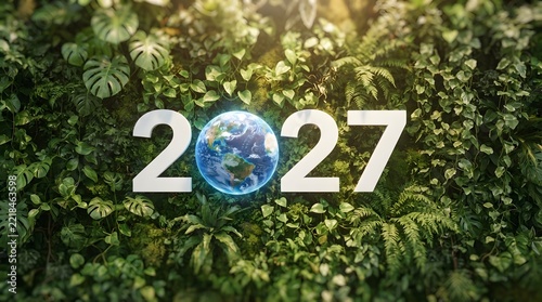 The year 2027 reflected in a globe surrounded by lush green foliage