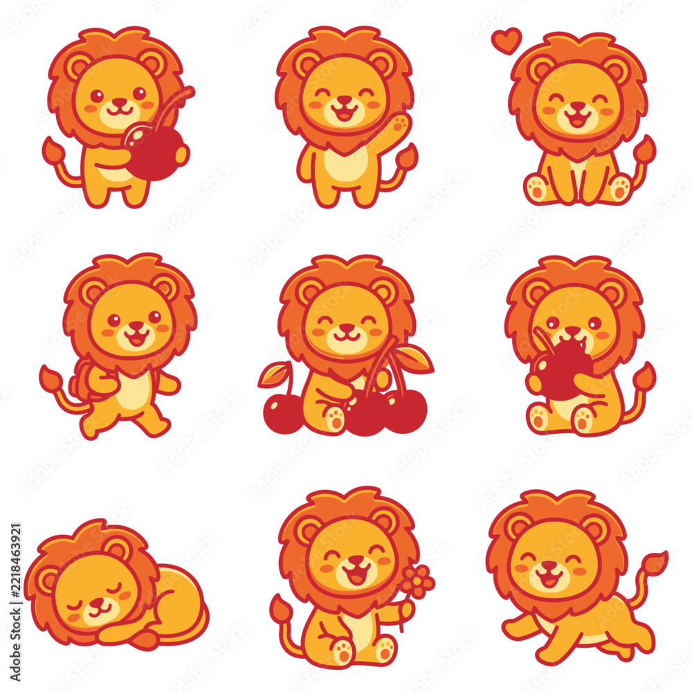 Fototapeta premium Set of Cute Cartoon Lions with Cherries and Flowers.