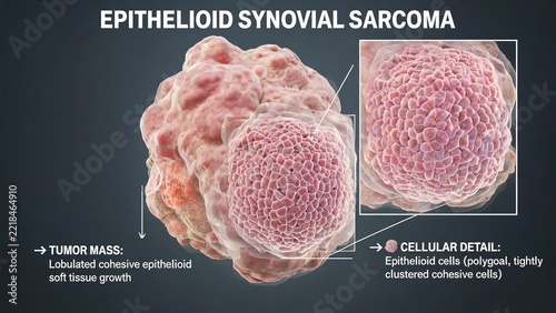 Epithelioid Synovial Sarcoma 3D pathology illustration, translucent tumor mass showing internal clustered epithelioid cell structure