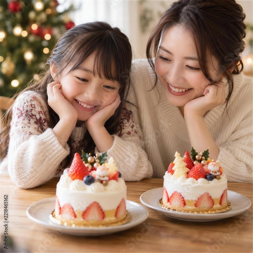 二つの小さなクリスマスケーキを見て微笑む母と娘