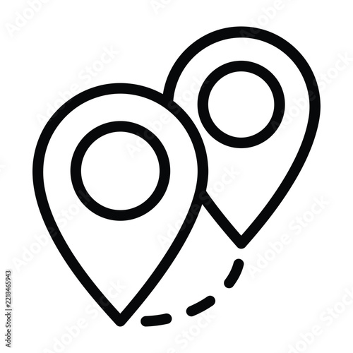 Two map pin pointers connected by a dashed line path symbol