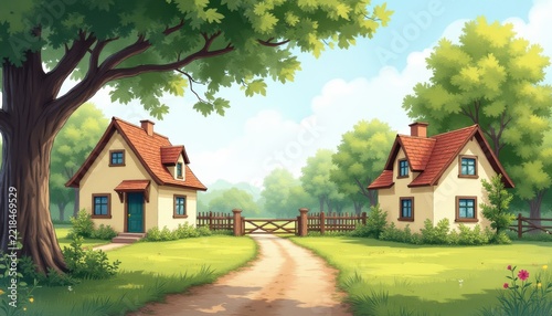 Two charming cottages with red roofs in a lush green landscape with a dirt path and large tree