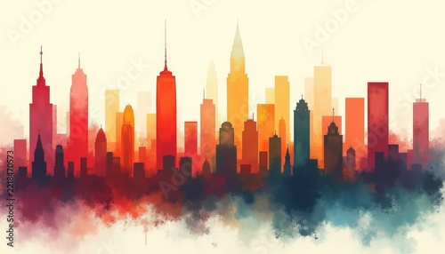 Vibrant watercolor cityscape skyline with colorful buildings against a soft light cream