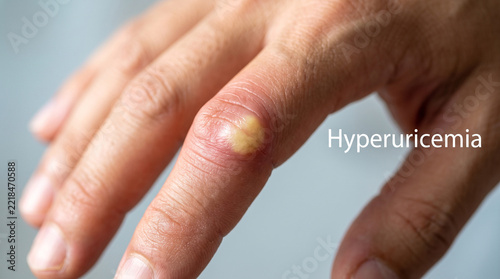Gout tophi formation visible on human hand finger joint exhibiting swollen painful medical condition