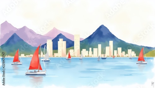 Watercolor cityscape with tall buildings and sailboats with red sails on the blue water at